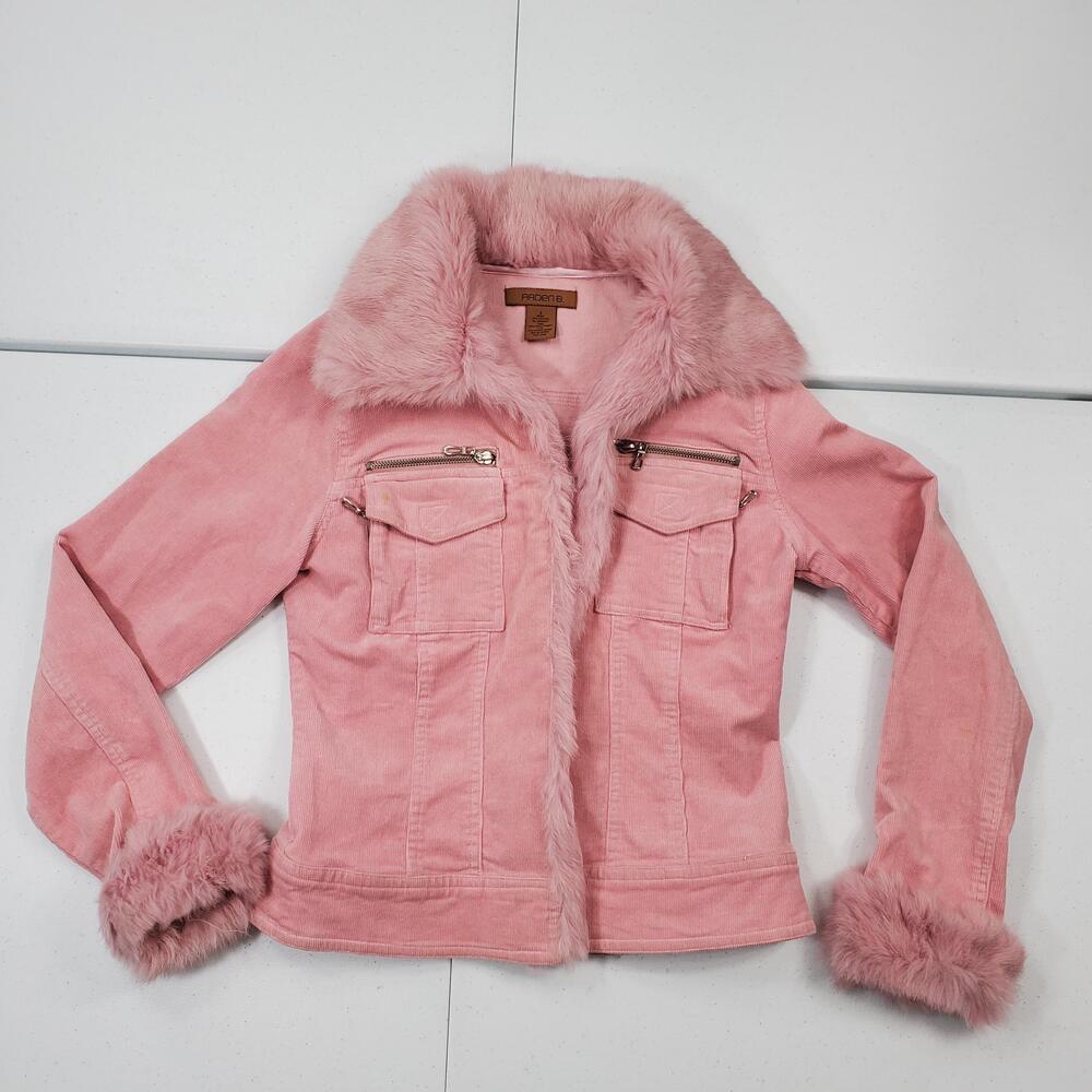 Arden B Jacket Womens S Pink Corduroy Rabbit Fur Trim Zip Pockets Short Retro